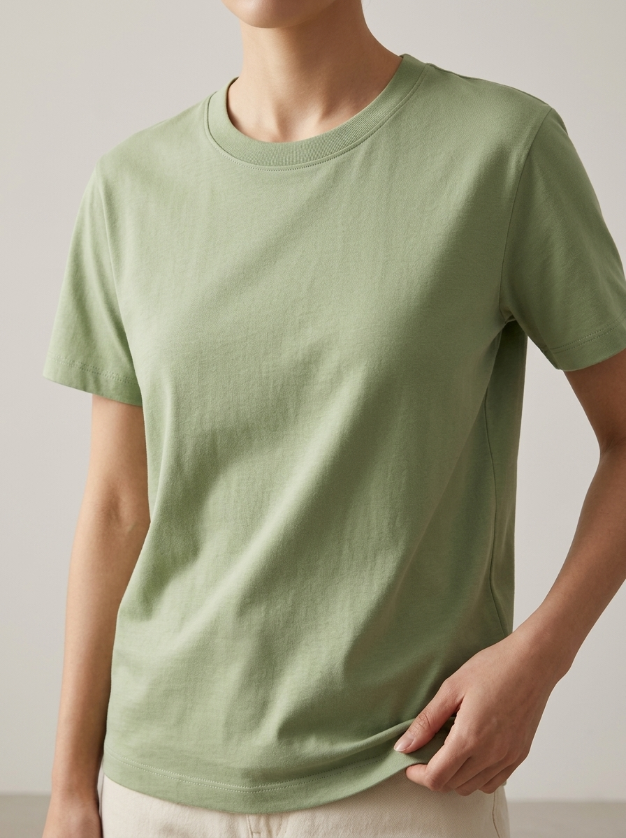 Person wearing a plain green t-shirt against a neutral background